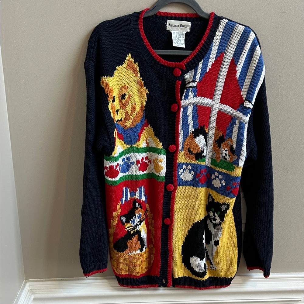 Alexandra Bartlett Hand Crafted Knit Cat Cardigan Size Medium